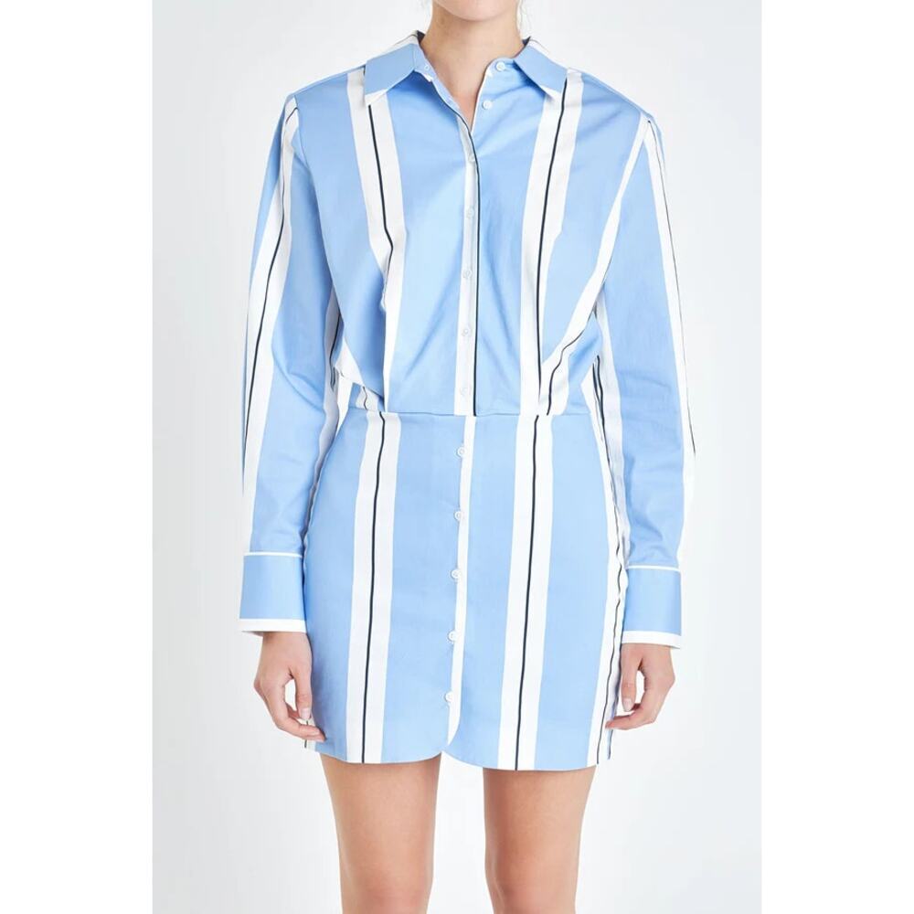 Grey Lab Stripe Power Shoulder Mini Shirtdress Powder Blue/ White Womens M NWT